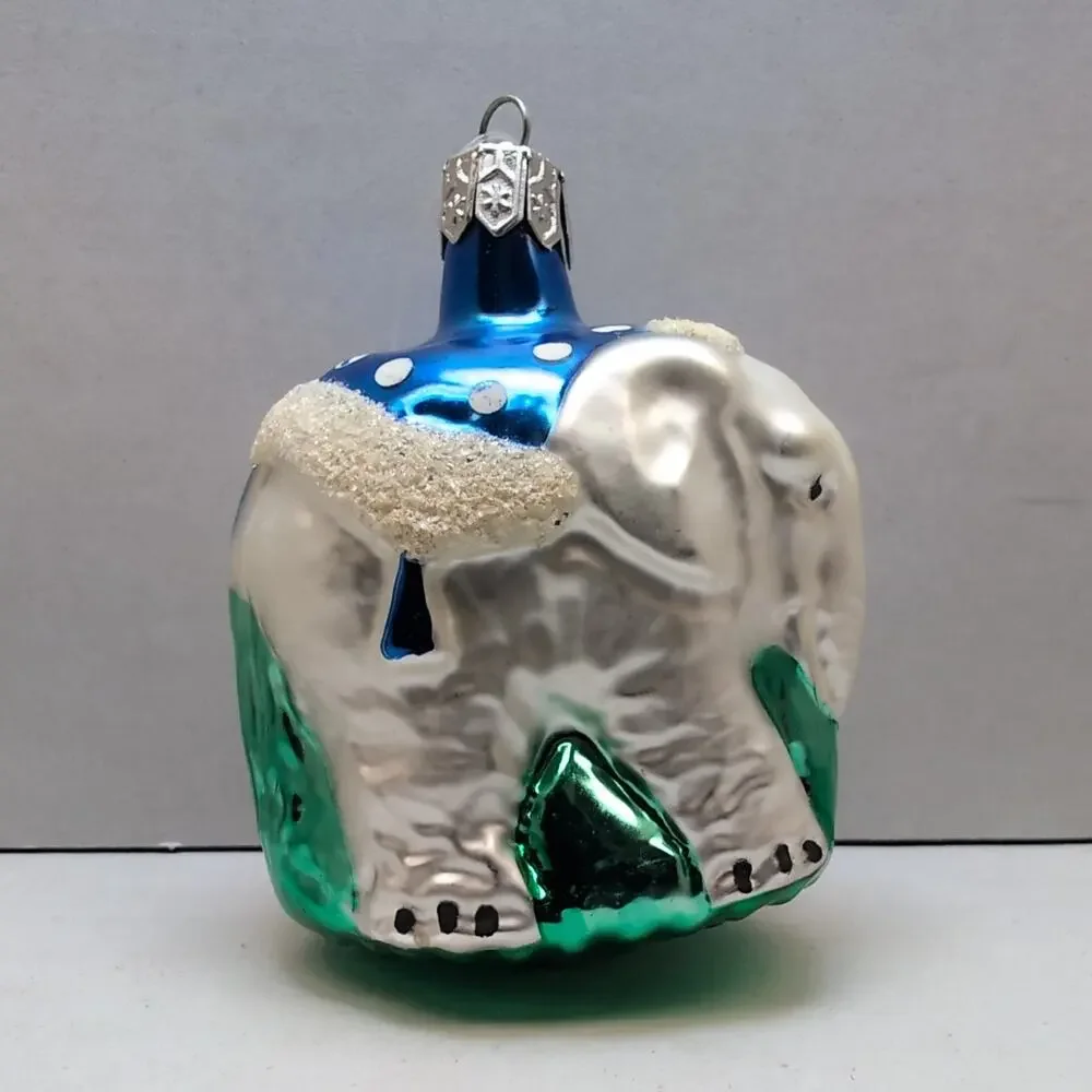 Glass Elephant Ornament Poland‎ Green Blue White Glitter